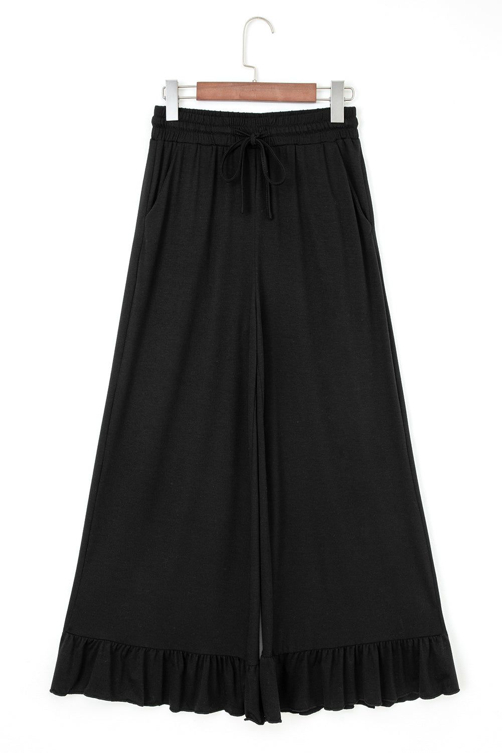Medium Grey Ruffled Wide Leg Pull On High Waist Pants with Pockets