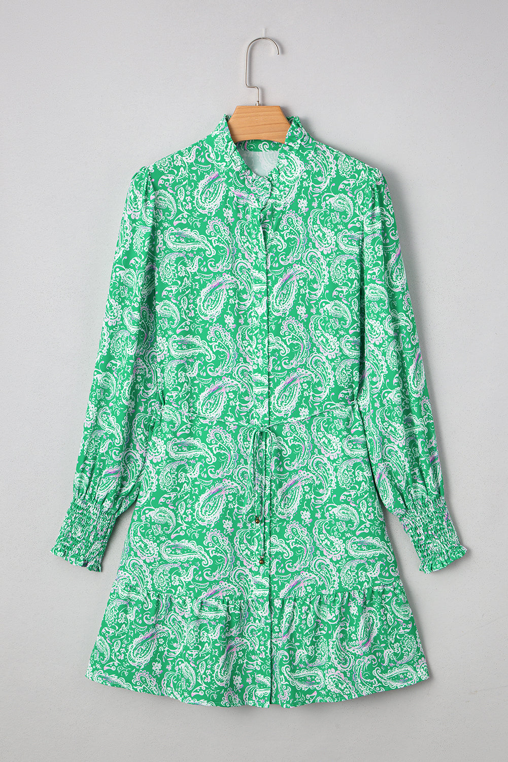 Green Paisley Print Long Sleeve Button Front Tied Waist Mini Dress