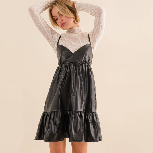 LEATHER MINI DRESS-HYD0055: Black
