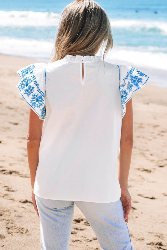 White Embroidered Ruffled Sleeve Frilled Collar Blouse