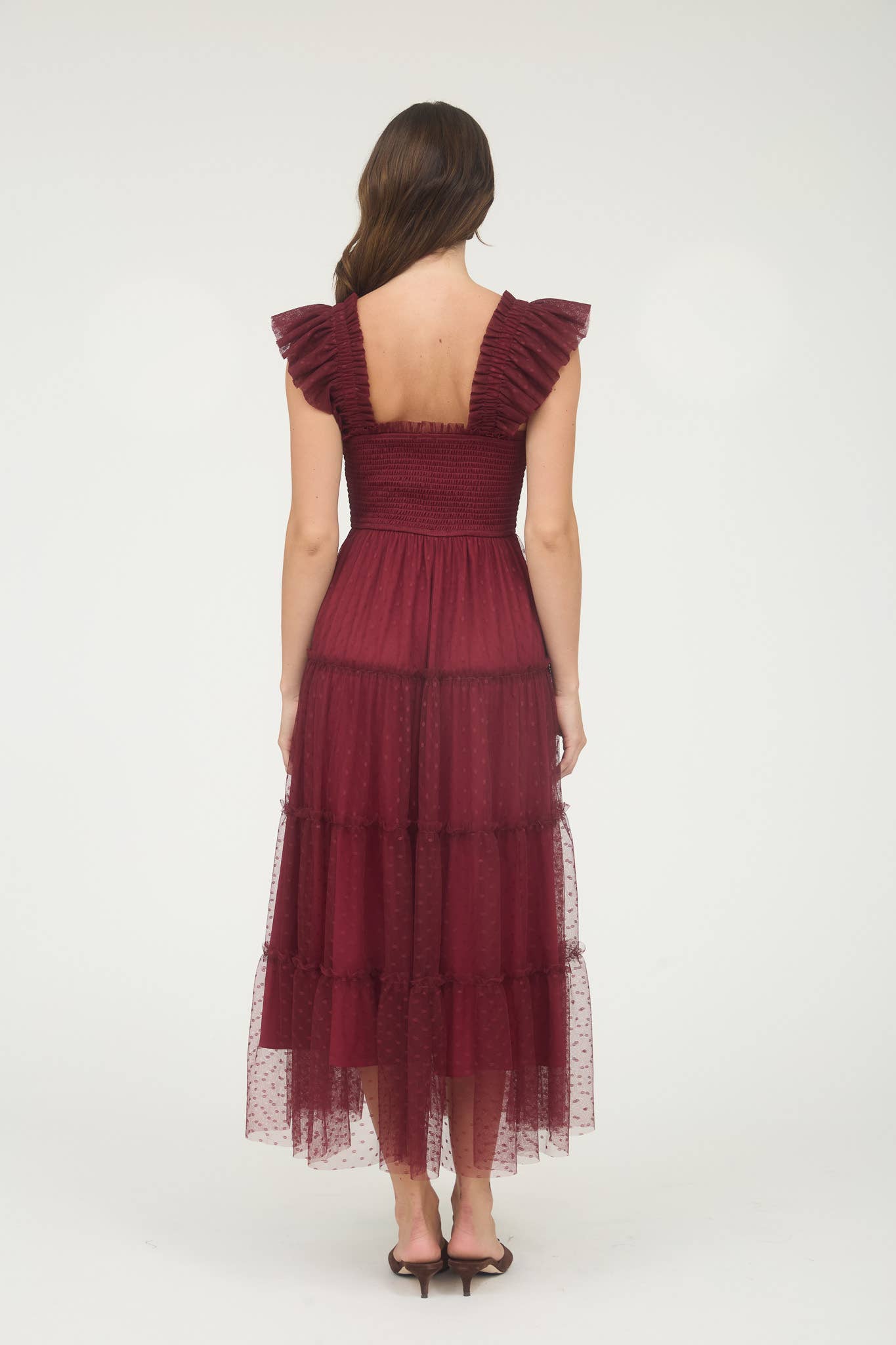 POLKA DOT CHIFFON SMOCKED TIERED MIDI DRESS