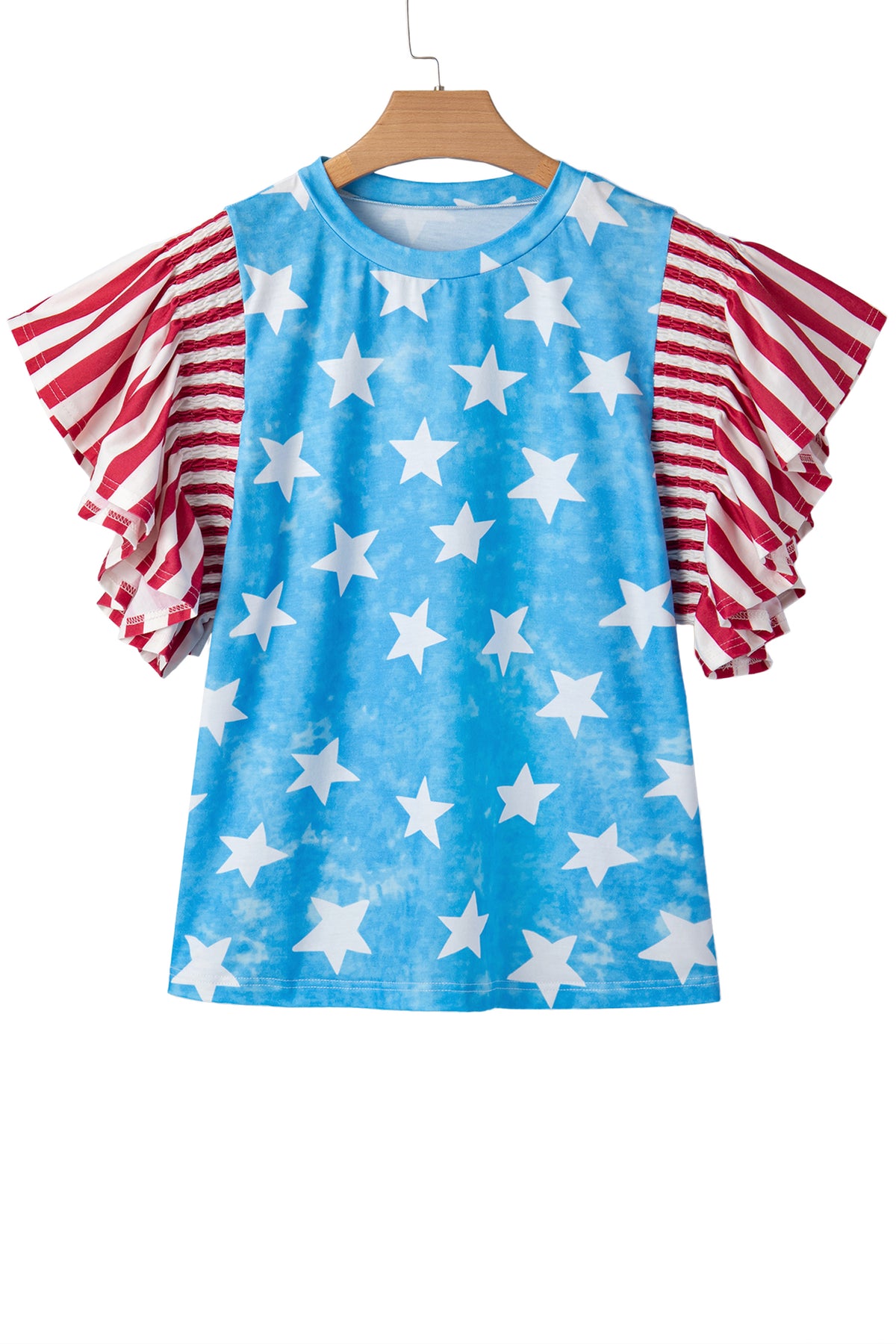 Sky Blue Vintage Star Print Striped Ruffle Sleeve Independence Day Top