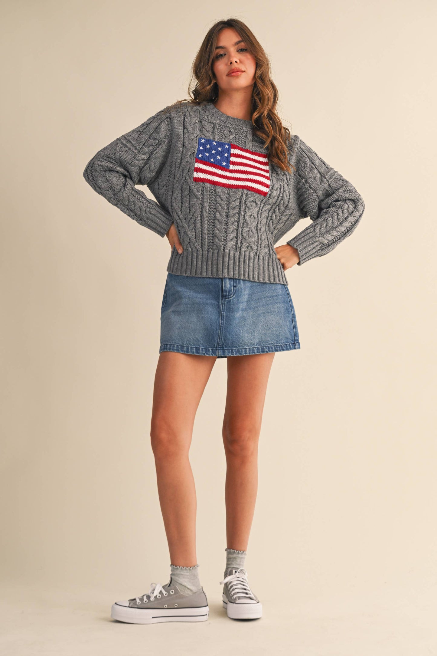 IT4473 USA FLAG CABLE KNIT SWEATER