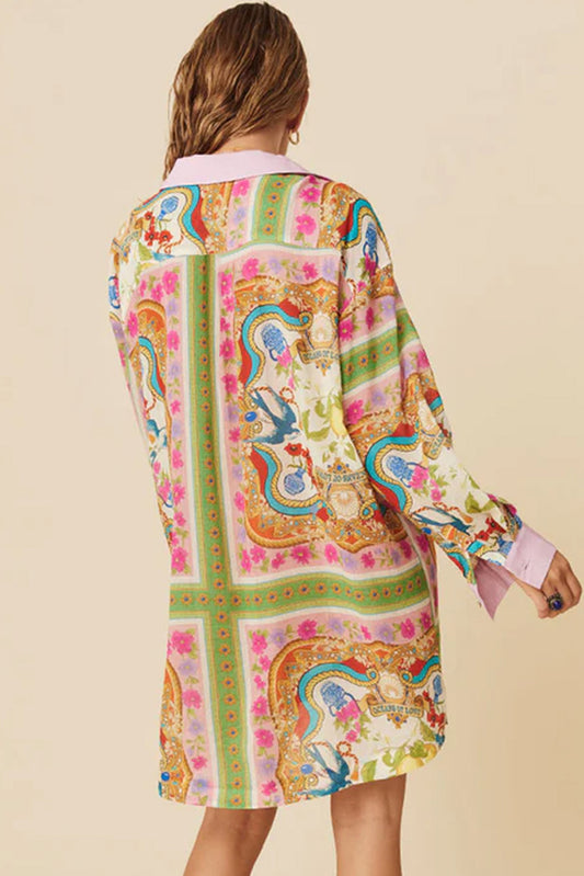 Women's Multicolor Boho Floral Print Button-Down Shirt Dress
