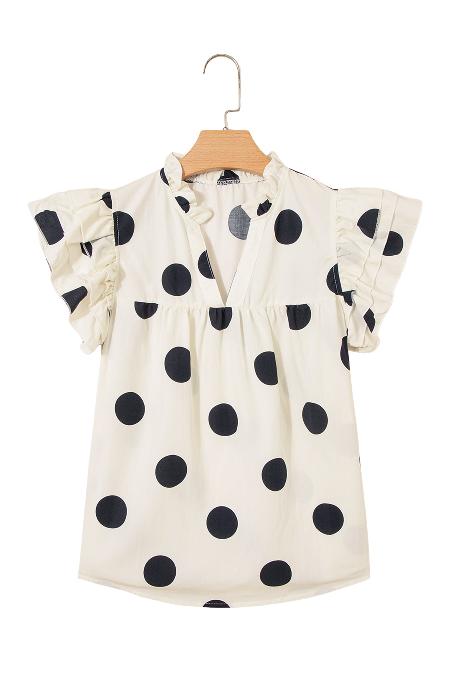 Apricot Casual Polka Dot V-Neck Ruffle Short Sleeve Shift Blouse