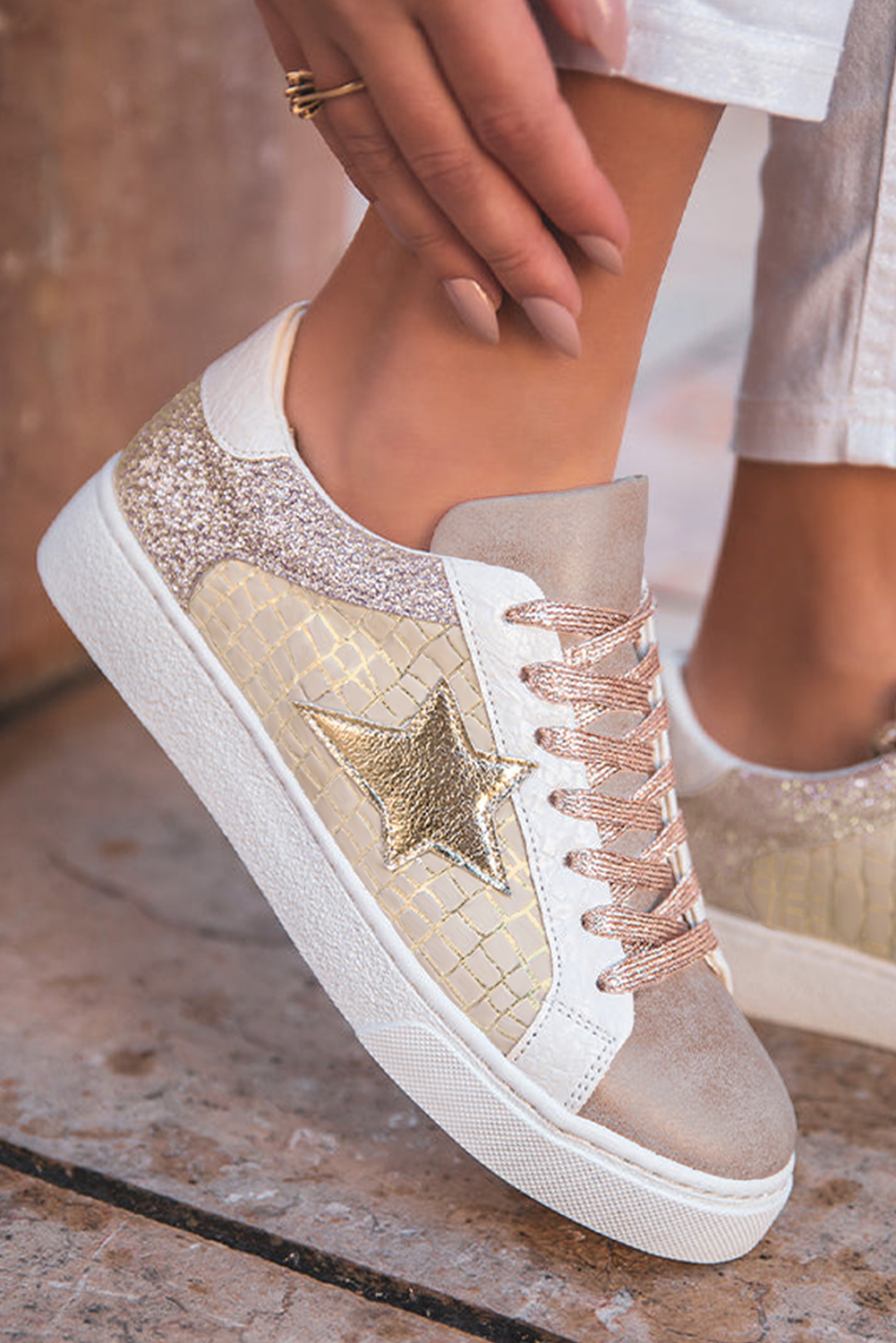 Tillandsia Purple Dearlove Glitter Star Patchwork PU Leather Lace-up Sneakers