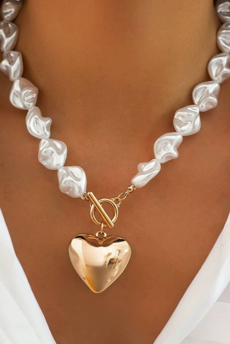 PEARL BEADED HEART CHARM TOGGLE NECKLACE | 40NK9466: GOLD