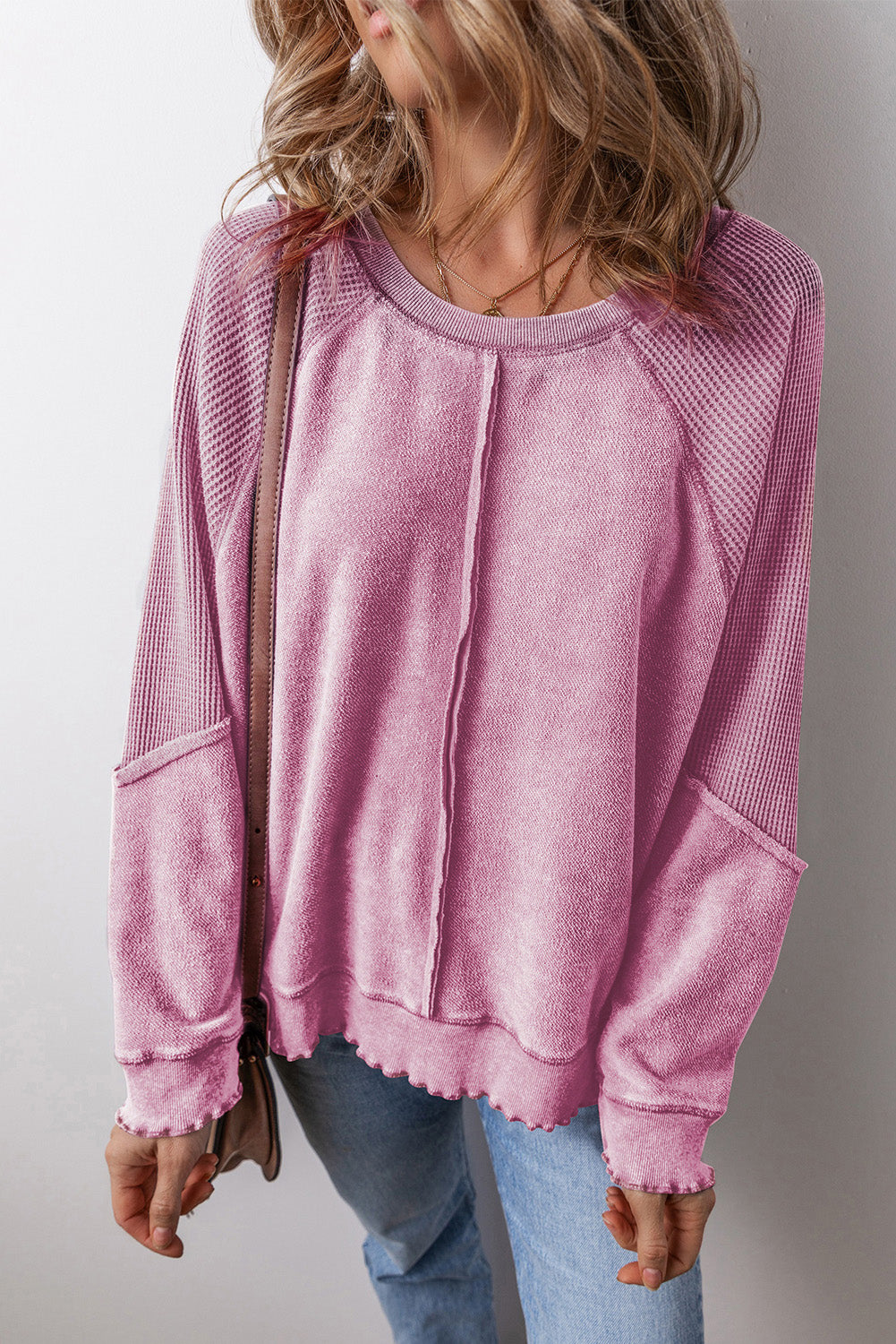 Mineral Blue Waffle Knit Patchwork Exposed Seam Raglan Sweatshirt