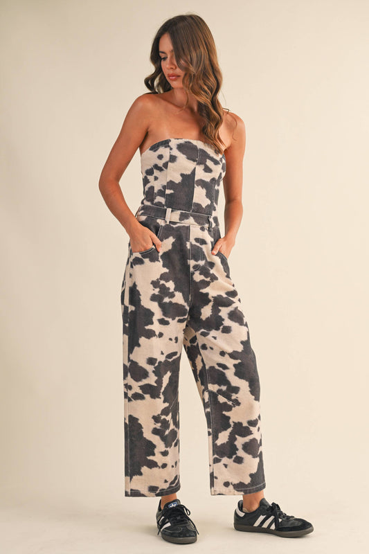 COW PRINT STRAPLESS BARREL PANTS JUMPSUIT