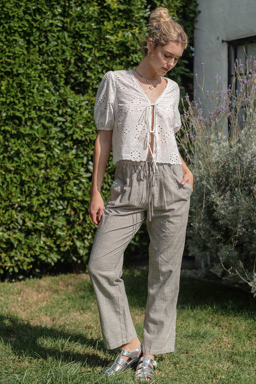 Off-White Eyelet Tie Front Top