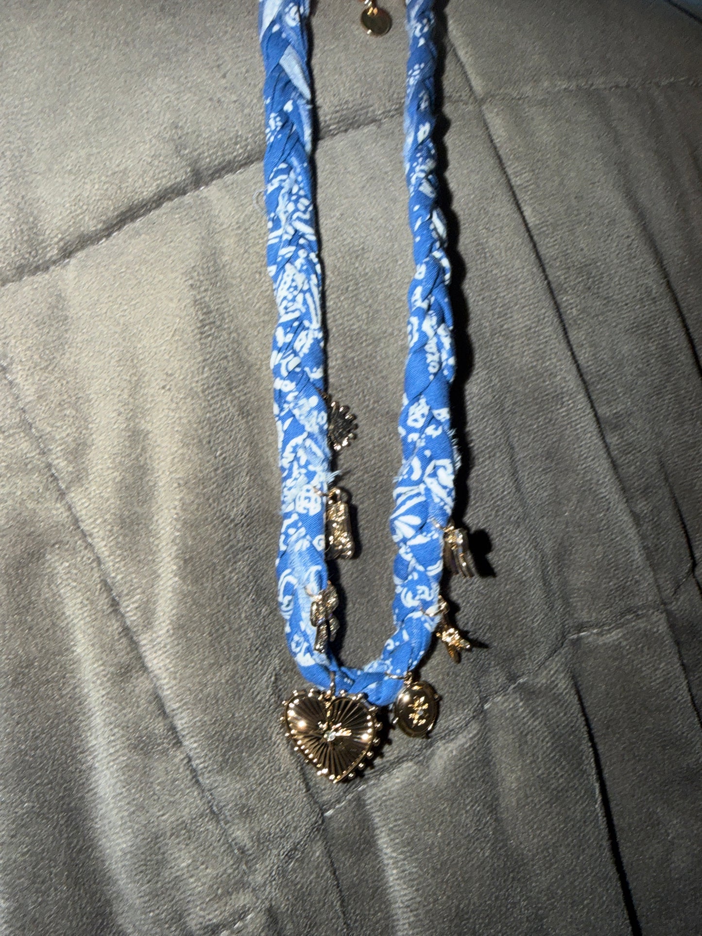Blue Bandana Necklace Heart Charms