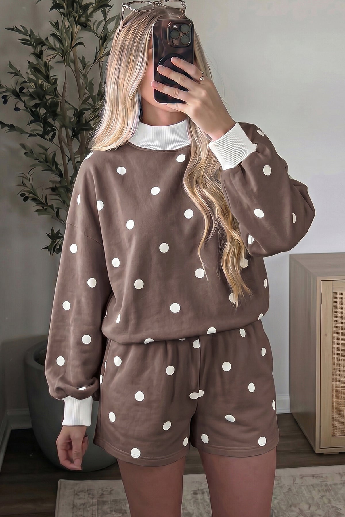 Yellow Polka Dot Ribbed Trim Long Sleeve Top Casual Short Set