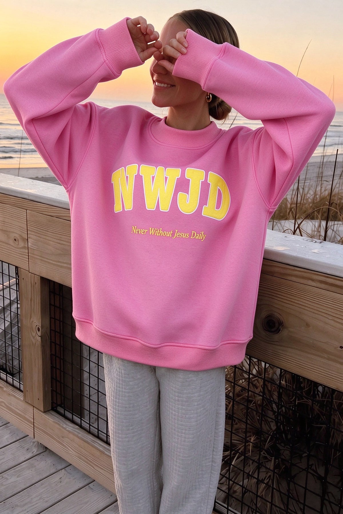 Yellow WWJD Embroidered Trim Slogan Graphic Crewneck Pullover Sweatshirt