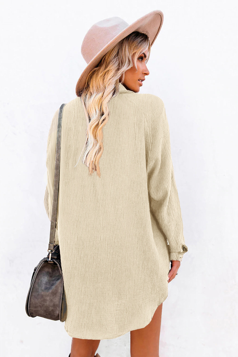 Beige Corduroy Shirt Style Full Button Long Sleeve Shift Mini Dress