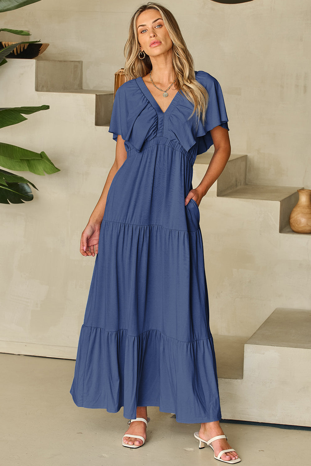 Grass Green Textured V Neck Flutter Sleeve Ruffled Maxi Dress