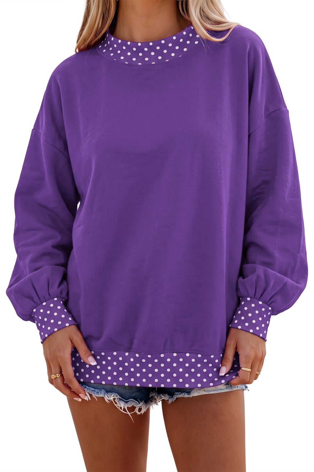 Dark Blue Colorblock Polka Dot Contrast Trim Oversized Sweatshirt