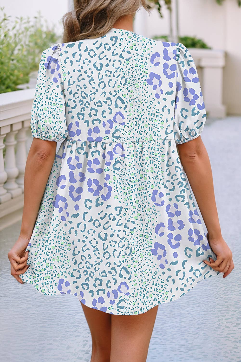 LDC Floral Print Bow Knot Decor Bubble Sleeve Shift Dress: Sky Blue / L