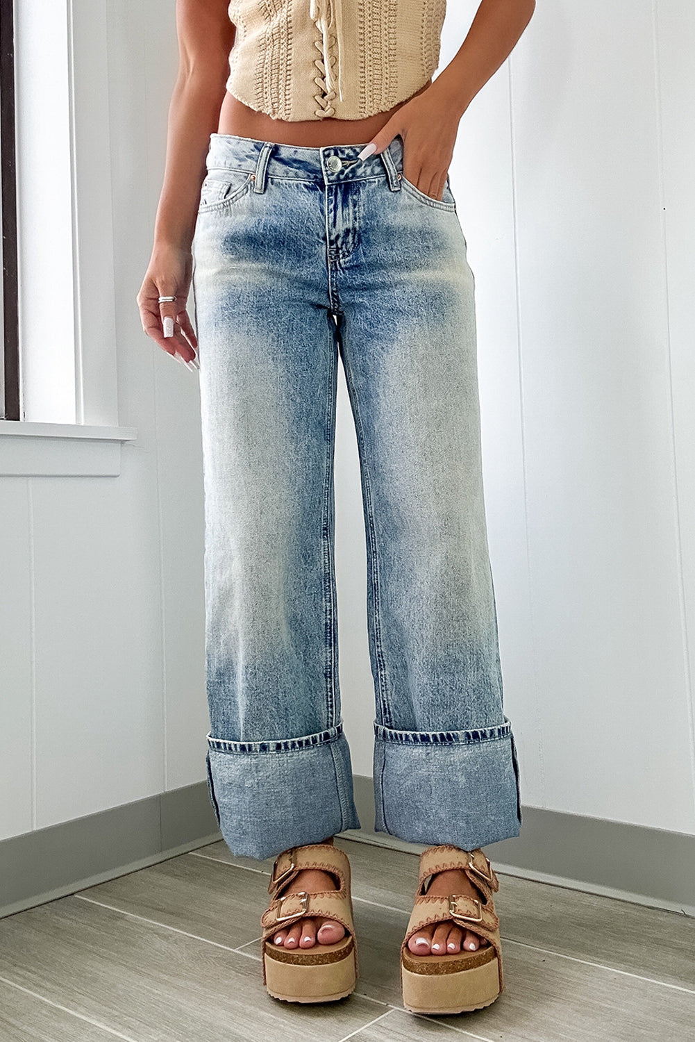 High Rise Cuffed Medium Wash Jeans
