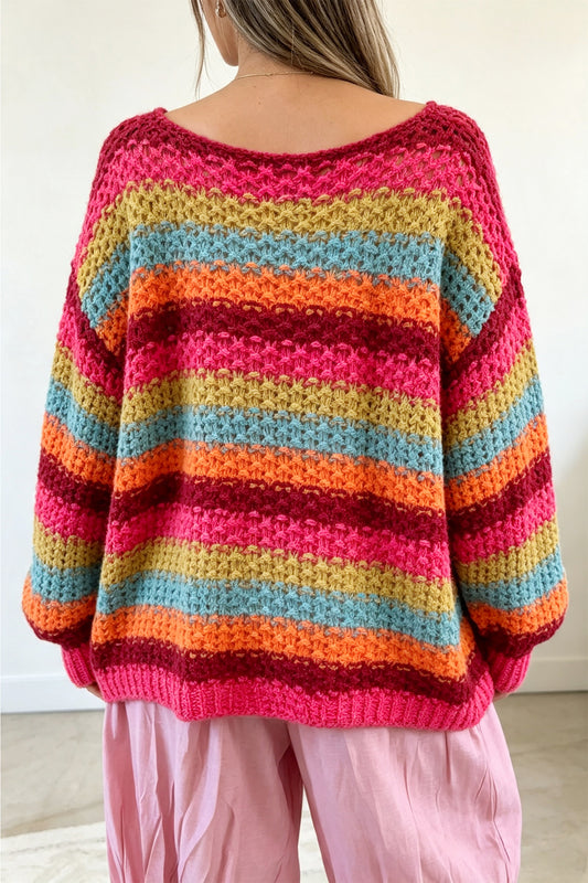 Rose Red Crochet Striped Knit Oversize Sweater
