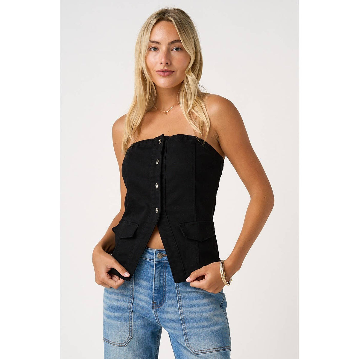 SPLIT HEM DENIM BUTTONED TUBE TOP