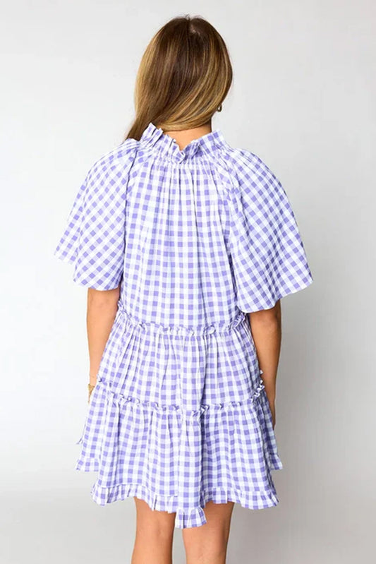 Lavendula Plaid Ruffle Wide Short Sleeve Babydoll Mini Dress
