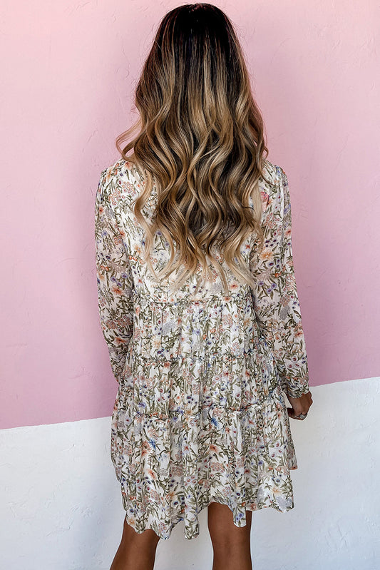 Women's Green Floral Print Tiered Mini Dress with Mock Neck