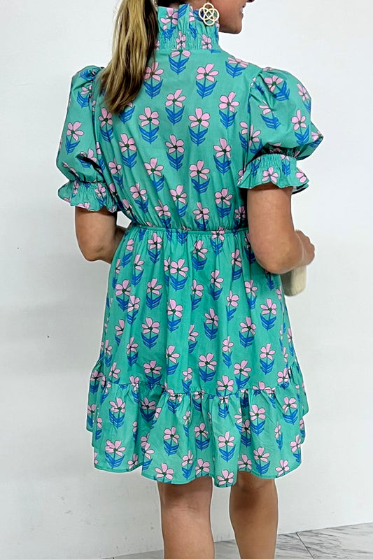Women's Green Floral Print Smocked Mini Dress