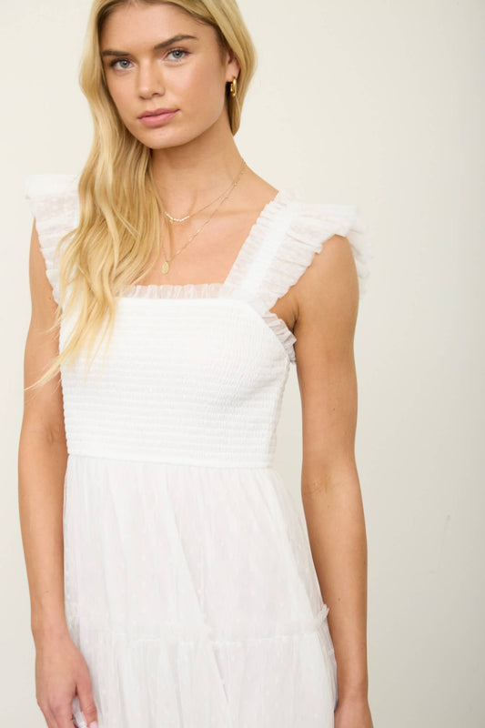 POLKA DOT CHIFFON SMOCKED TIERED MIDI DRESS