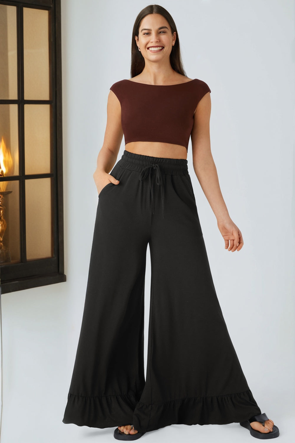 Medium Grey Ruffled Wide Leg Pull On High Waist Pants with Pockets