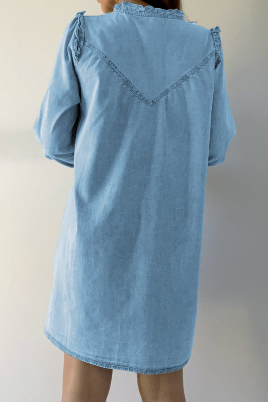 Ruffled V Neck Buttoned Shift Denim Dress
