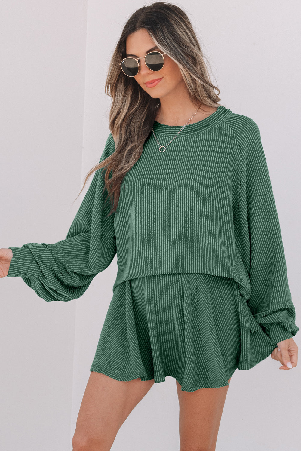 Sky Blue Corded Lantern Sleeve Top High Waist Ruffled Mini Skirt Set