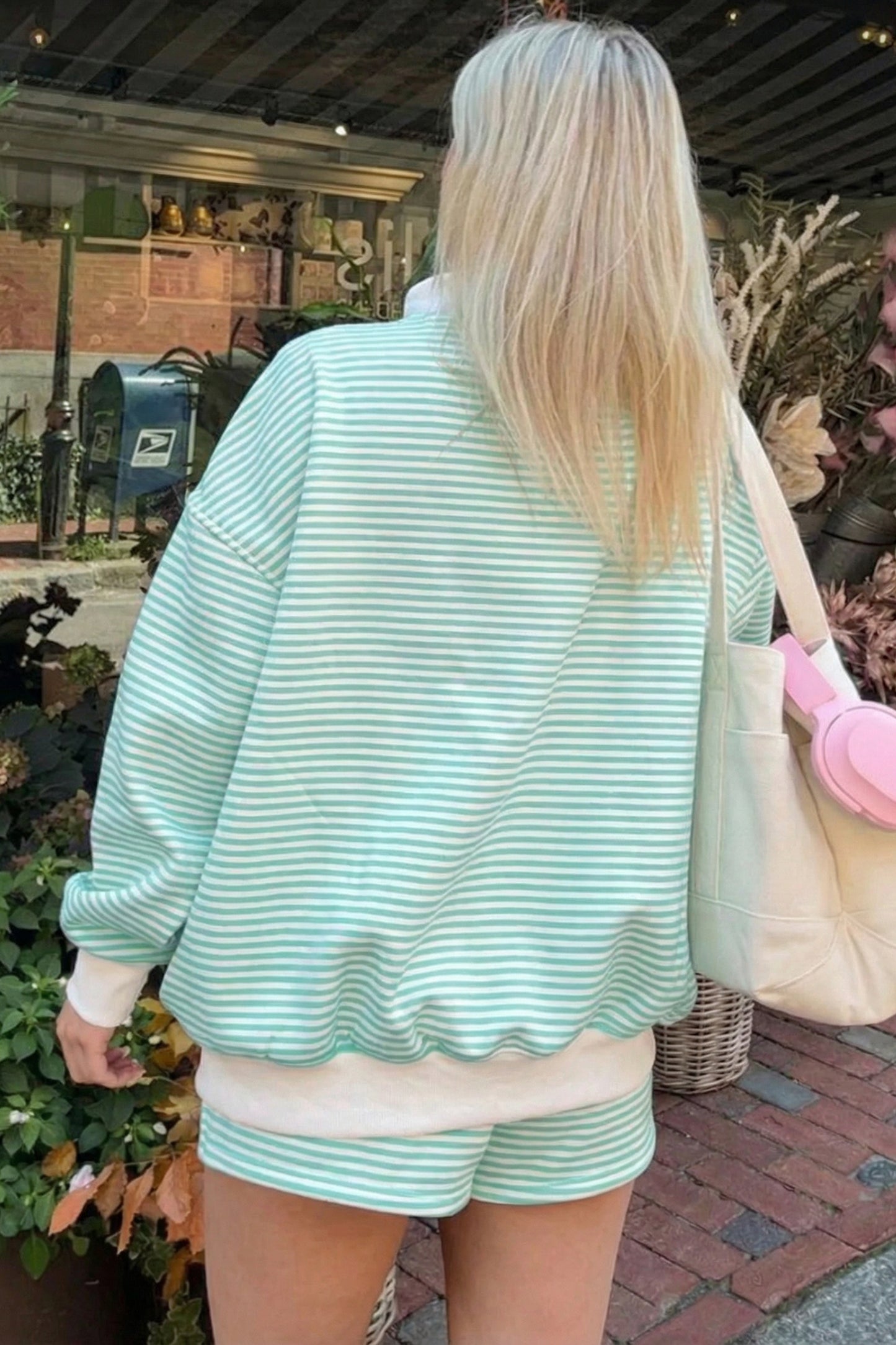 Oversize Striped Mock Neck Sweatshirt and Shorts Set