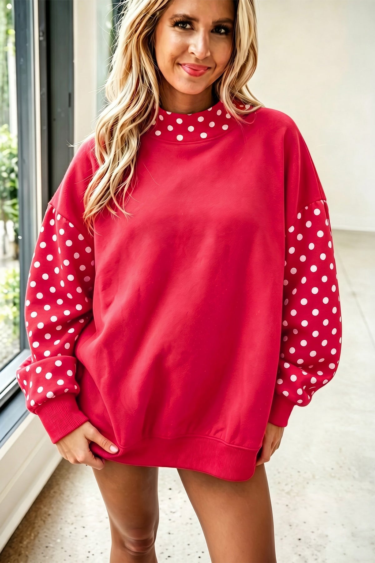 Navy Blue Polka Dot Contrast Round Neck Long Sleeve Baggy Sweatshirt