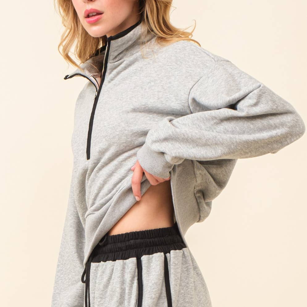 Striped Sweat Set w/ Quarter Zip Sweatshirt and Pants: DK.H.GREY/BLACK / L