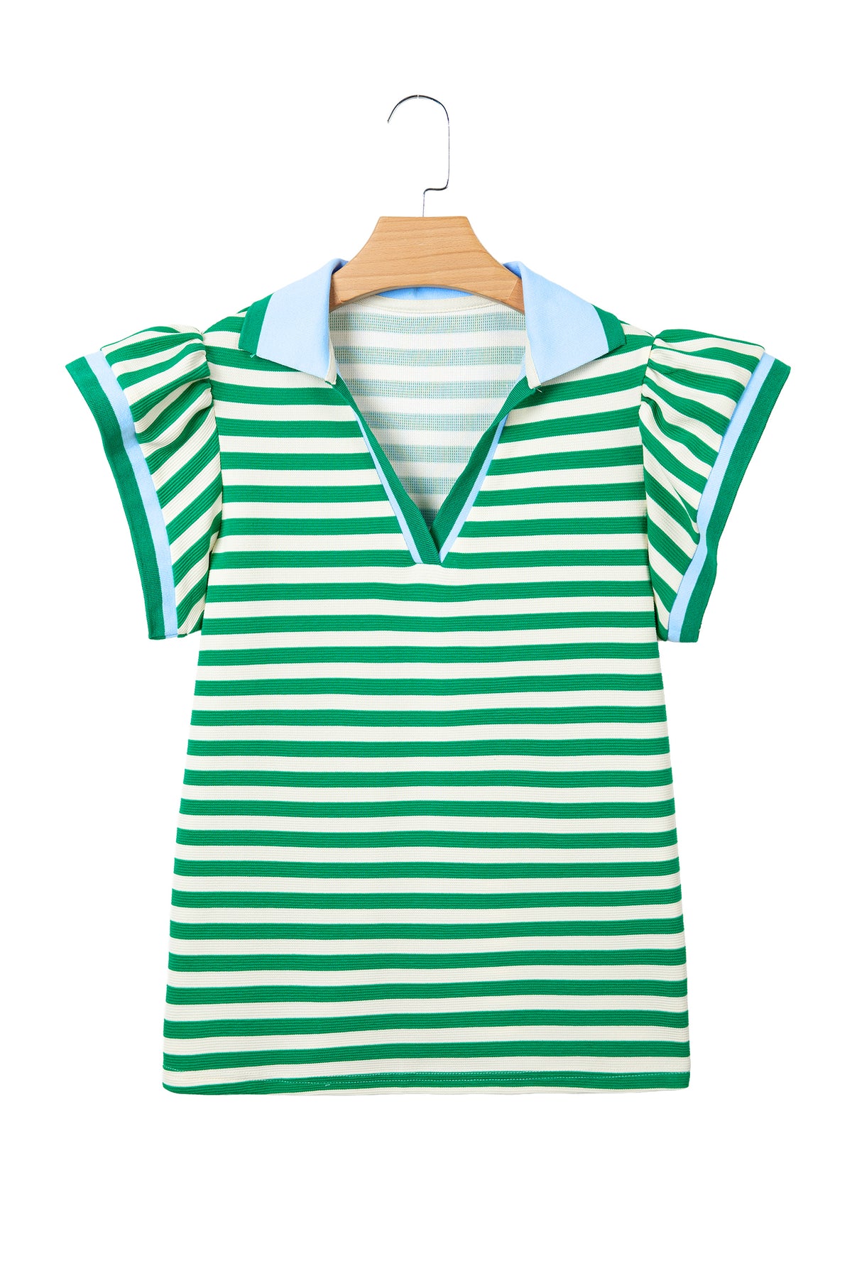 Rose Stripe Contrast Trim Polo Collar Ruffled Short Sleeve Blouse