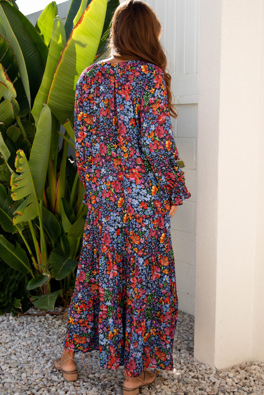 Women's Blue Floral Print V-Neck Maxi Dress with Long Sleeves