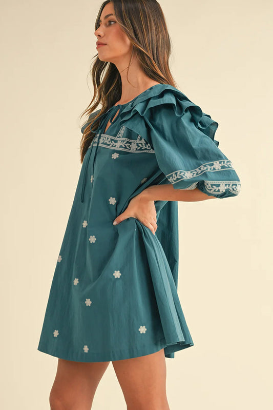 Boho Floral Ruffle Puff Sleeve Lace-up V Neck Mini Dress