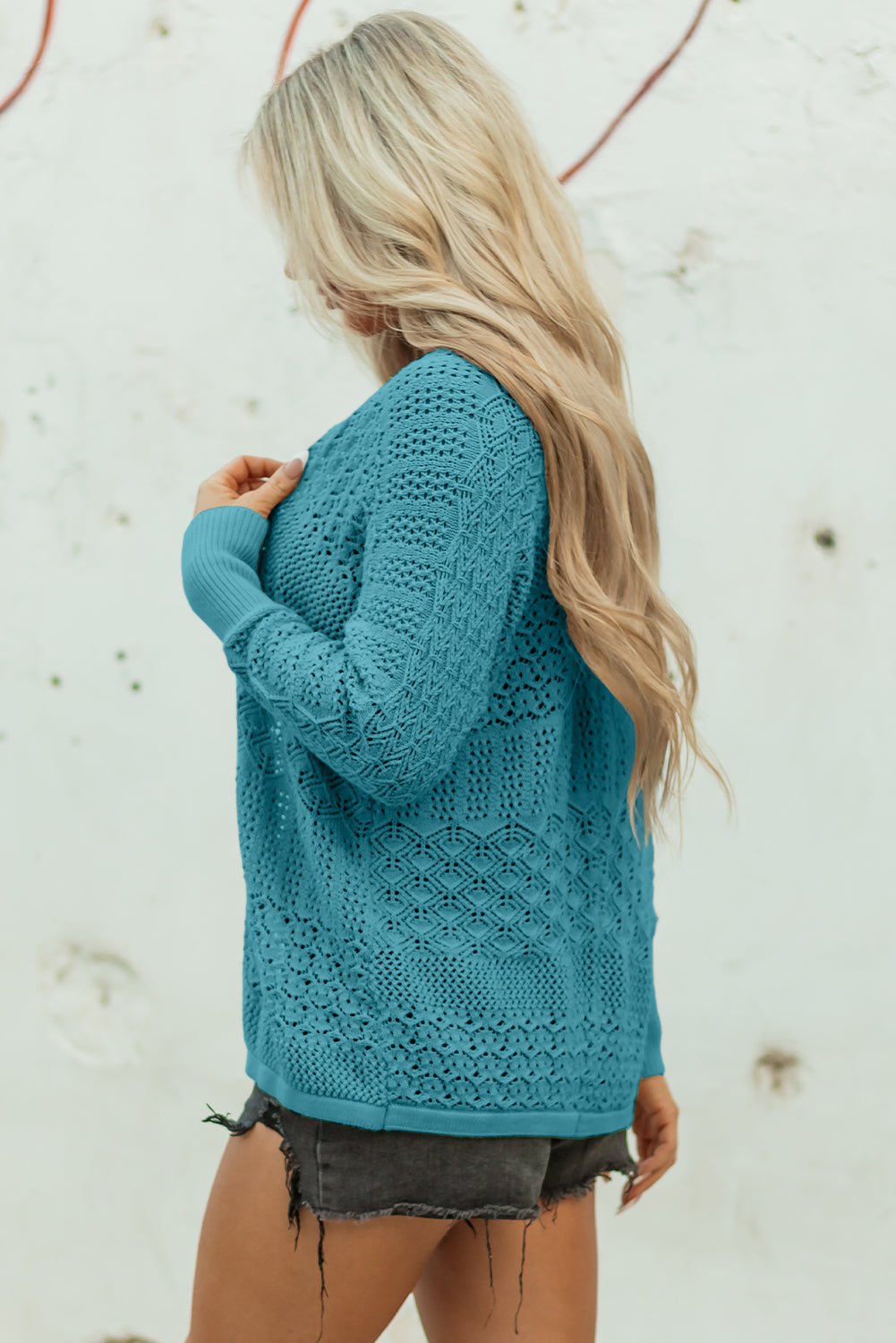 Redwood Burl Mix Pattern Hollowed Knit Open Front Cardigan