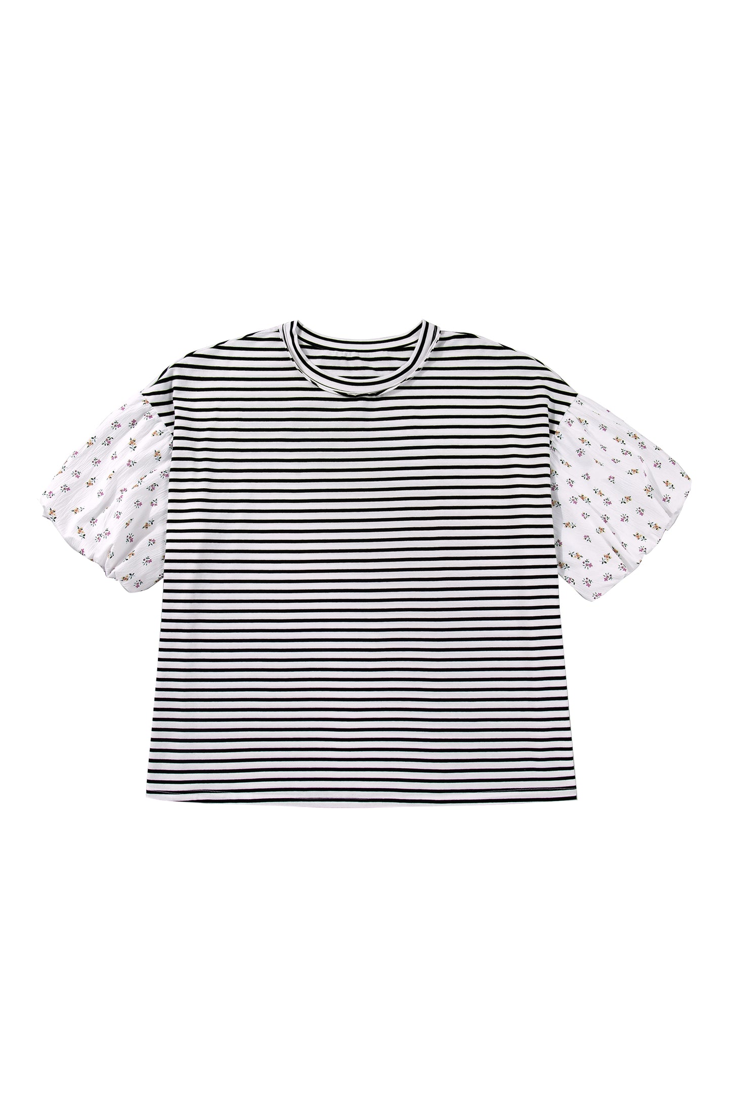 Black Stripe Plus Size Striped Short Sleeve Top with Floral Puff Sleeves