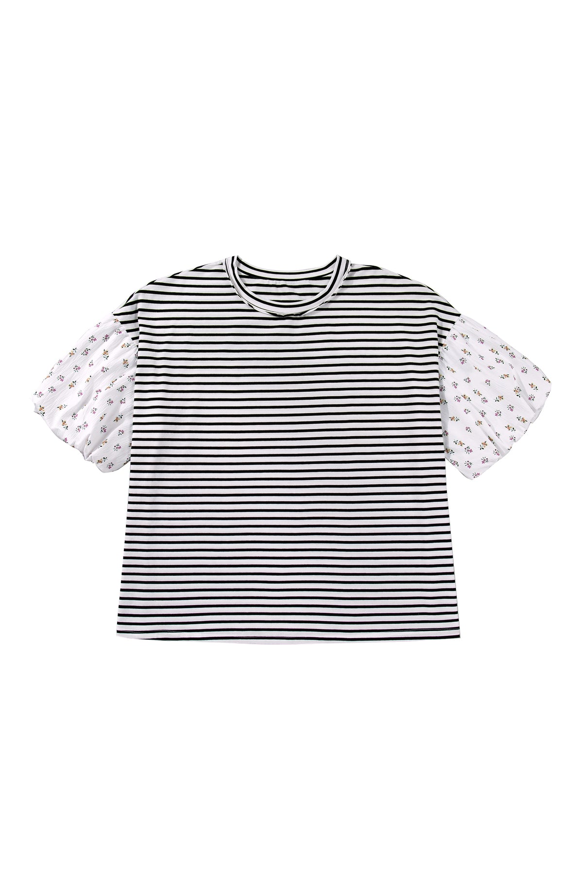Black Stripe Plus Size Striped Short Sleeve Top with Floral Puff Sleeves