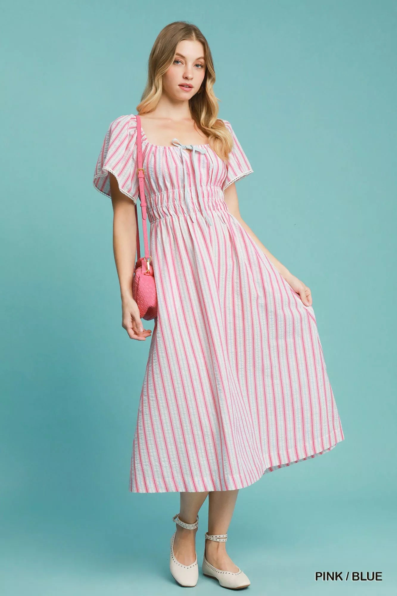 Umgee Smocked Striped Short Sleeve Midi Dress PINK / BLUE / S Umgee Smocked Striped Short Sleeve Midi Dress PINK / BLUE / S
