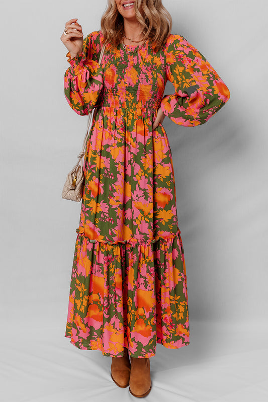 Women's Orange Floral Puff Sleeve Maxi Dress with Smocked Bodice