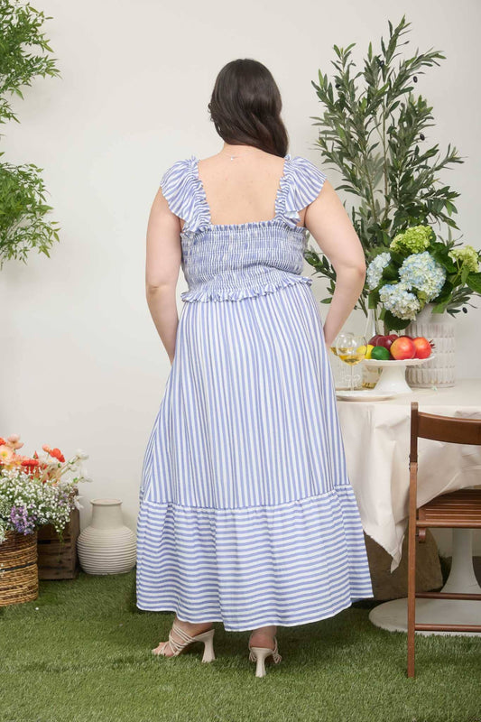 PLUS BLUE AND WHITE STRIPED SMOCKED RUFFLE TRIM MIDI DRESS