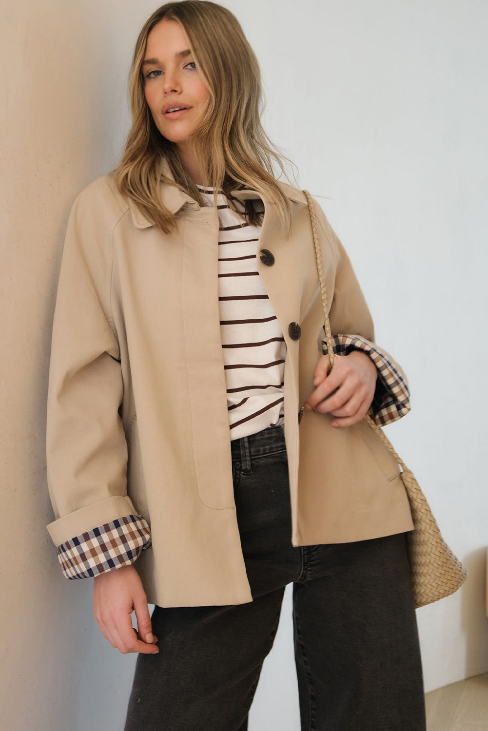 Parchment Plaid Liner Patchwork Single Breasted Trench Coat