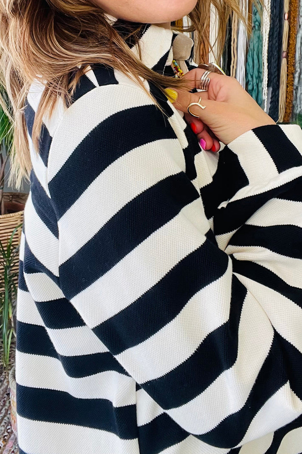 Black Stripe Polo Neck Shift Fit Sweatshirt Dress with Side Pockets