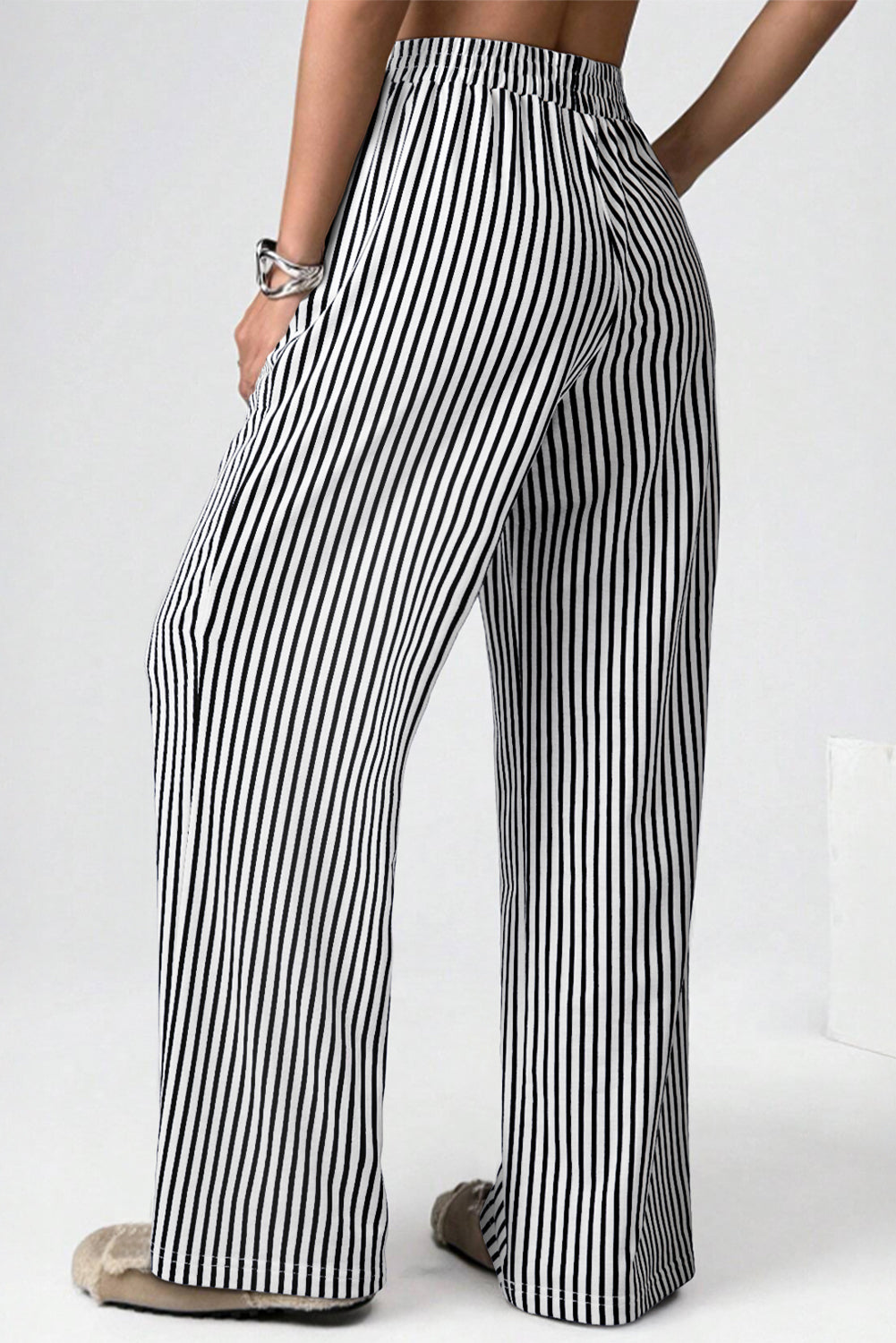 Black Stripe Elastic High Waist Pocketed Loose Pants