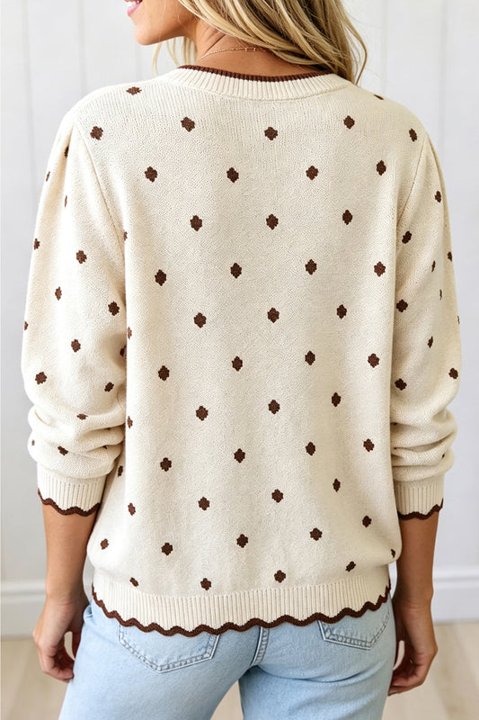 Coffee 100% Cotton Round Neck Polka Dot Long Sleeve Casual Shift Sweater