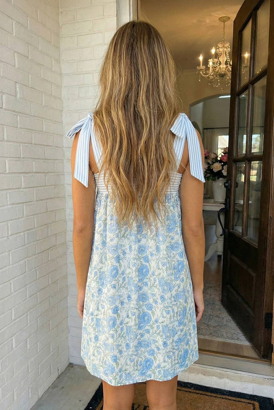 LAS Floral Stripe Patchwork Bow Knot Strap Mini Dress (S-XL)