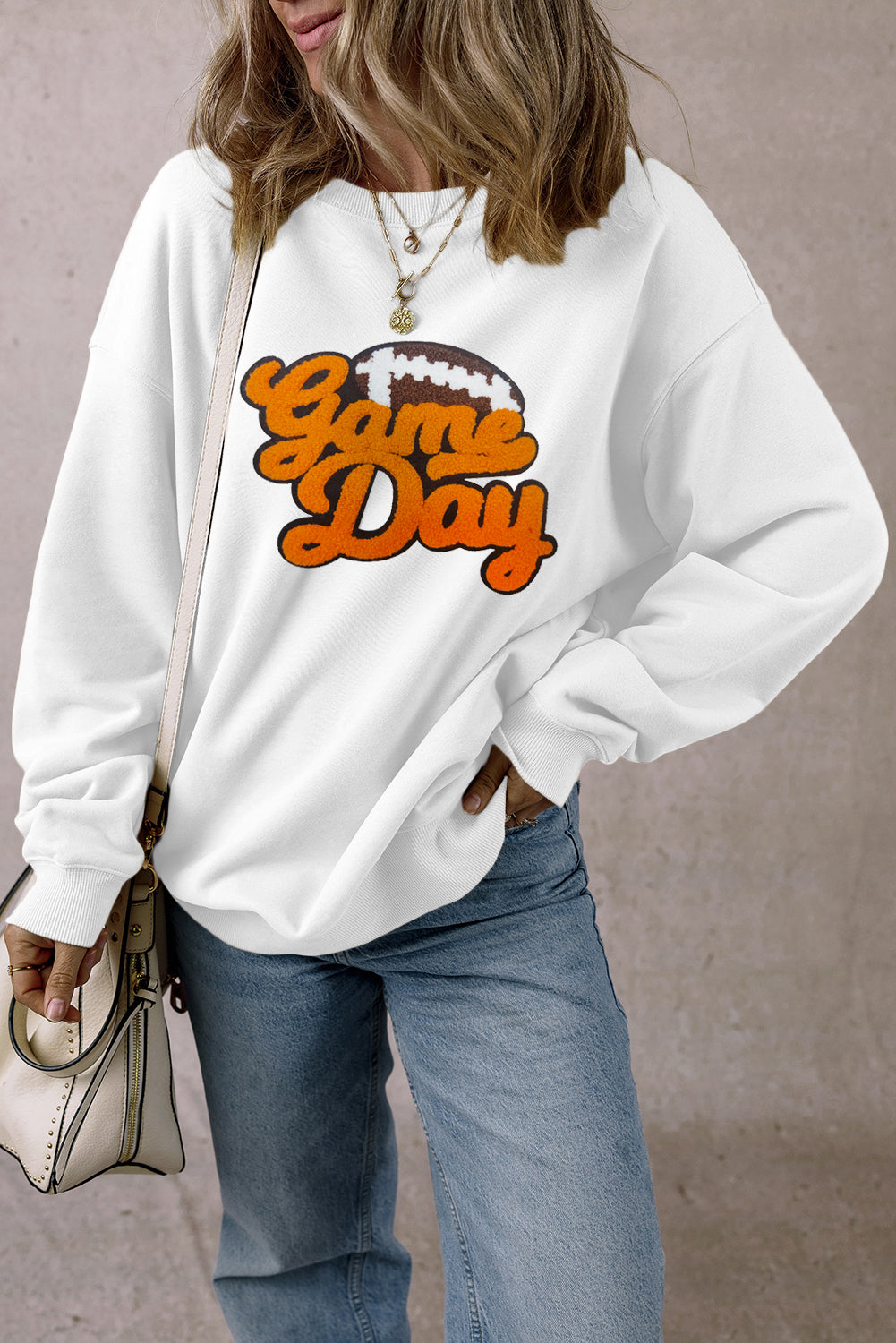 White and Orange Game Day Football Pattern Pullover Sweatshirt
