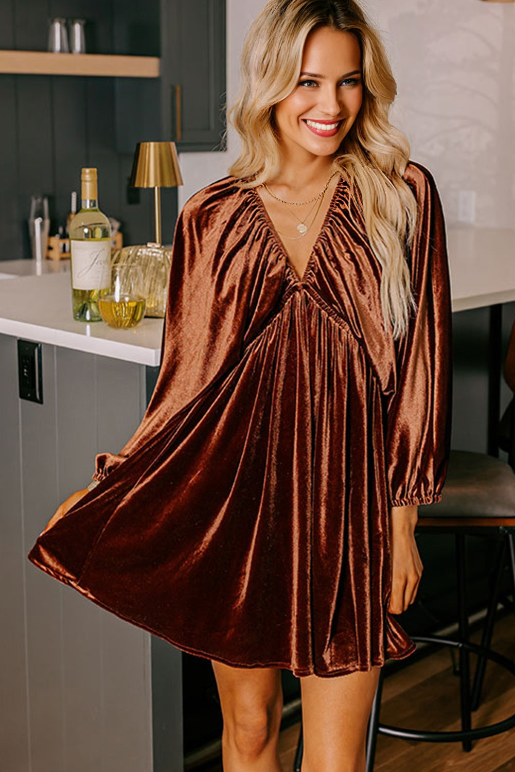 Clay Elastic V Neck Puff Sleeve Short Velvet Dress